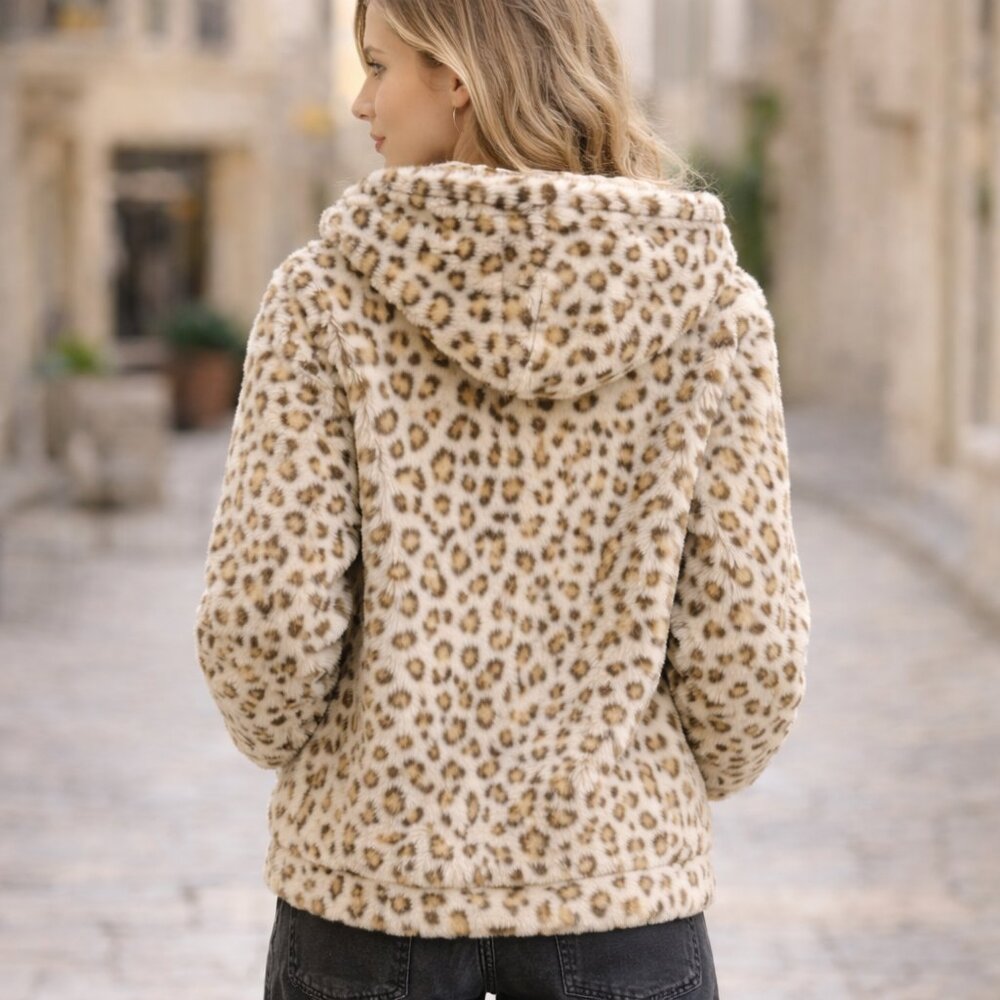 Gigio Faux Fur Leopard Print Jacket | Zip Front Hooded Designer Coat - Picture 4 of 5